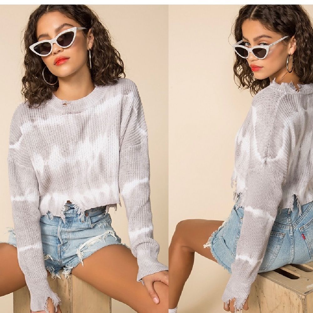 Superdown Ella distressed tie dye cropped gray white cotton sweater XS